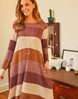Long Sleeved Rib Stripe Pocket Dress
