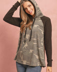 Camouflage Hacci Sleeved Contrast Hoodie With Drawstrings - Toi ‘n’ Moi Ltd