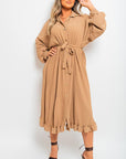 Pleated Frill Button Tie Waist Midi Dress - Toi โnโ Moi Ltd