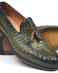 Paul Parkman Woven Leather Tassel Loafers Green (ID