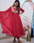 Stunning Floral Peacock Embroidery Work on Yoke Detailing – Anarkali Kurti with Pant & Georgette Dupatta | Elegant Lace Work Design - Toi ‘n’ Moi Ltd
