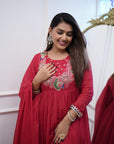 Stunning Floral Peacock Embroidery Work on Yoke Detailing – Anarkali Kurti with Pant & Georgette Dupatta | Elegant Lace Work Design - Toi ‘n’ Moi Ltd