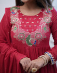 Stunning Floral Peacock Embroidery Work on Yoke Detailing – Anarkali Kurti with Pant & Georgette Dupatta | Elegant Lace Work Design - Toi ‘n’ Moi Ltd