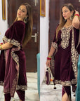 Gorgeous Partywear Red Velvet Kaftan Suit for Women – Punjabi Wedding Suit Set | Pakistani Suit Set, Ready to Ship, XL Size (Up to 44) - Toi ‘n’ Moi Ltd