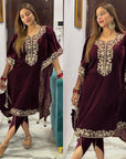 Gorgeous Partywear Red Velvet Kaftan Suit for Women – Punjabi Wedding Suit Set | Pakistani Suit Set, Ready to Ship, XL Size (Up to 44) - Toi ‘n’ Moi Ltd