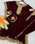 Gorgeous Partywear Red Velvet Kaftan Suit for Women – Punjabi Wedding Suit Set | Pakistani Suit Set, Ready to Ship, XL Size (Up to 44) - Toi ‘n’ Moi Ltd