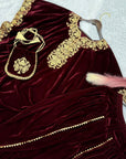 Gorgeous Partywear Red Velvet Kaftan Suit for Women – Punjabi Wedding Suit Set | Pakistani Suit Set, Ready to Ship, XL Size (Up to 44) - Toi ‘n’ Moi Ltd
