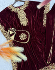 Gorgeous Partywear Red Velvet Kaftan Suit for Women – Punjabi Wedding Suit Set | Pakistani Suit Set, Ready to Ship, XL Size (Up to 44) - Toi ‘n’ Moi Ltd