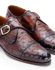 Paul Parkman Men's Genuine Ostrich Skin Monkstrap Shoes Brown (ID