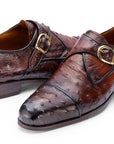 Paul Parkman Men's Genuine Ostrich Skin Monkstrap Shoes Brown (ID
