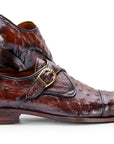 Paul Parkman Men's Genuine Ostrich Skin Monkstrap Shoes Brown (ID