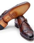 Paul Parkman Men's Genuine Ostrich Skin Monkstrap Shoes Brown (ID