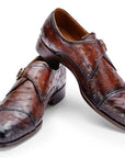 Paul Parkman Men's Genuine Ostrich Skin Monkstrap Shoes Brown (ID