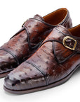 Paul Parkman Men's Genuine Ostrich Skin Monkstrap Shoes Brown (ID