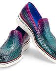 Paul Parkman Men's Smart Casual Woven Leather Loafers Green & Purple (ID