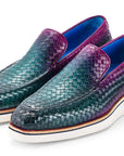 Paul Parkman Men's Smart Casual Woven Leather Loafers Green & Purple (ID