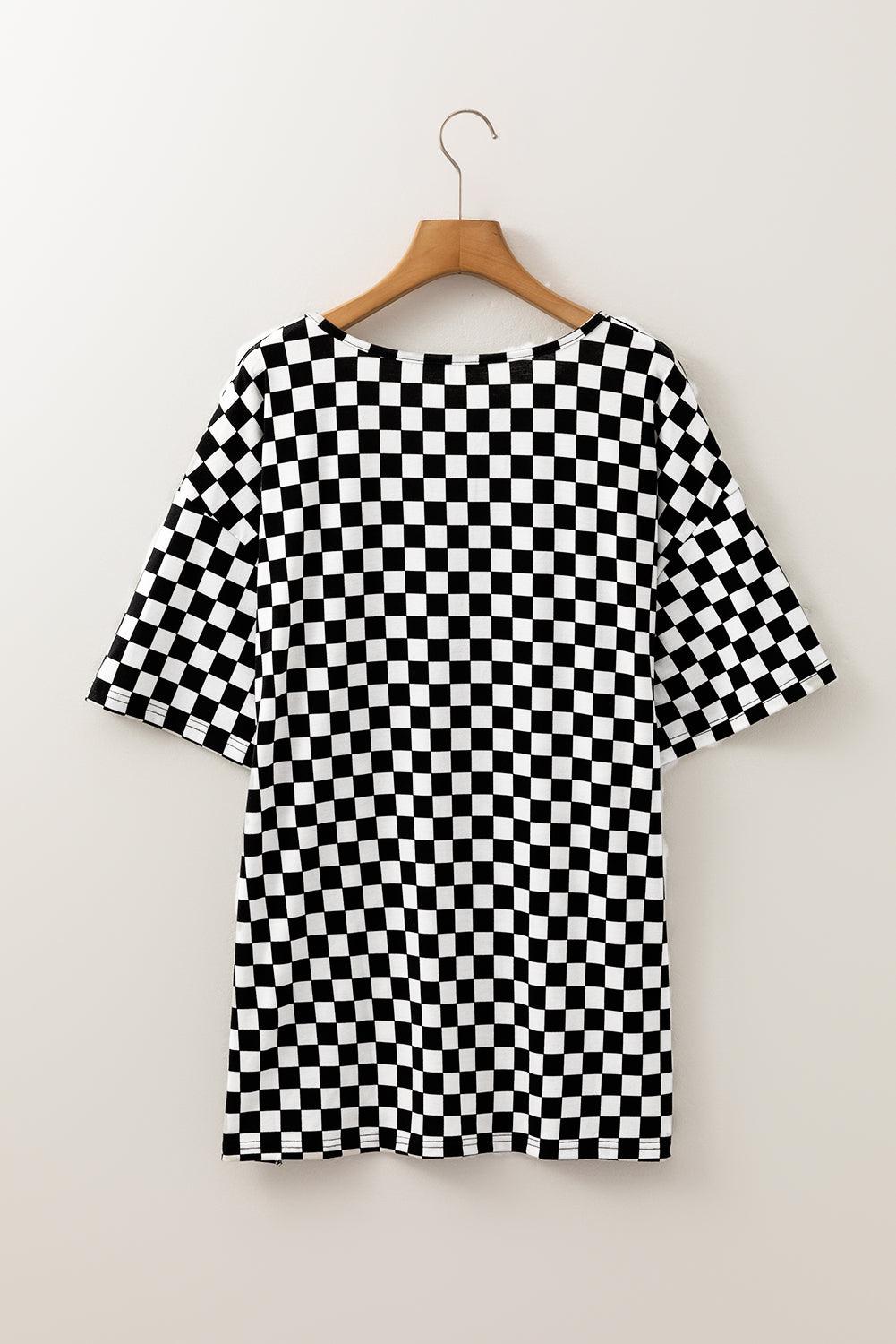 Black Checkered Print Side Slits O Neck Plus Size T Shirt - Toi ‘n’ Moi Ltd
