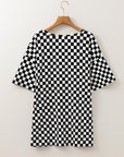 Black Checkered Print Side Slits O Neck Plus Size T Shirt - Toi ‘n’ Moi Ltd