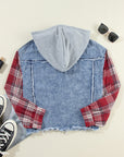 Beau Blue Plaid Print Patchwork Hooded Raw Hem Denim Jacket - Toi ‘n’ Moi Ltd