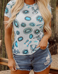 T-shirt slim à col ras du cou imprimé turquoise bleu ciel