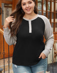 Black Color Contrast Waffle Knit Buttoned Plus Size Top - Toi ‘n’ Moi Ltd