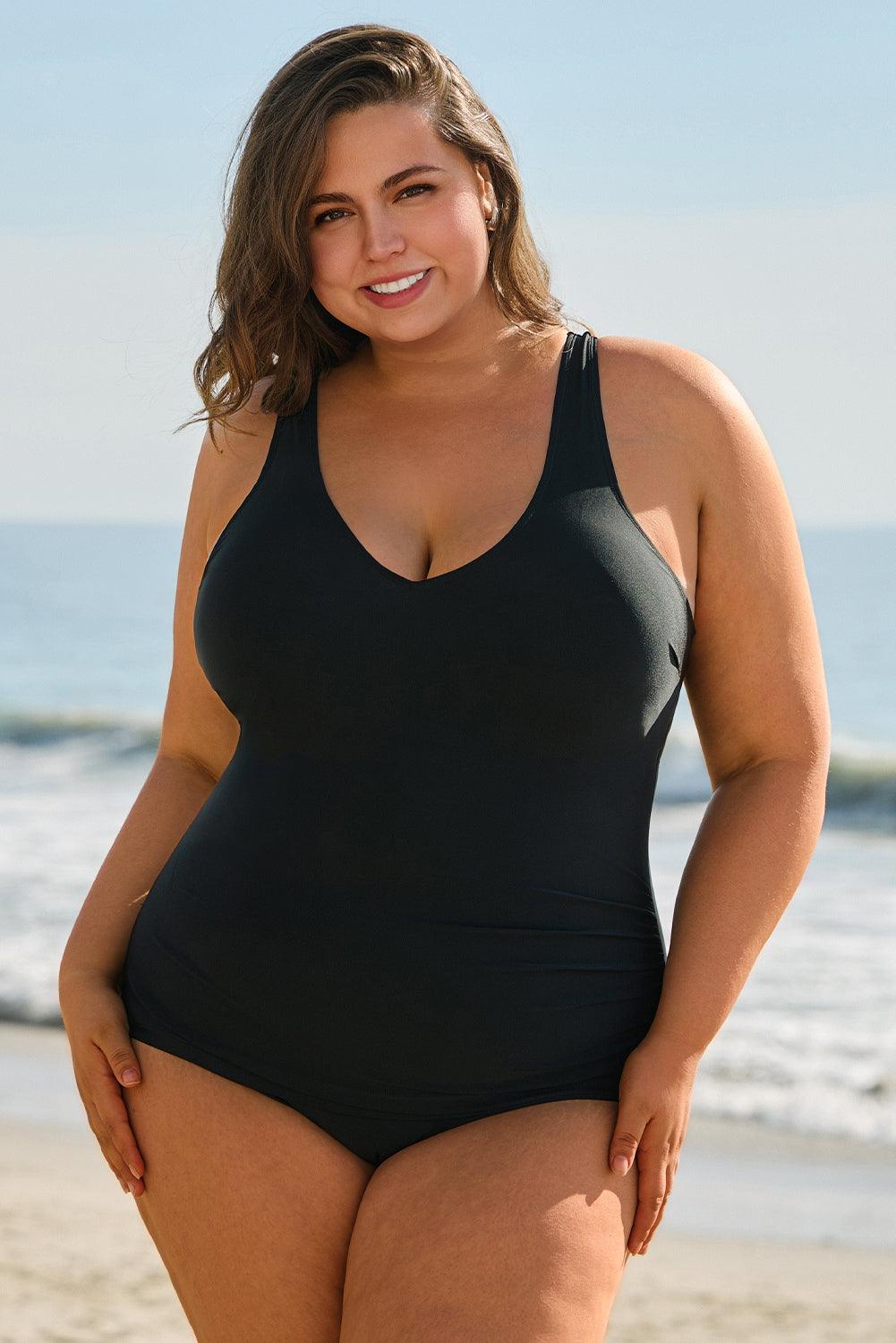 Black Solid Color U Neck Padded Plus Size One Piece Swimsuit - Toi ‘n’ Moi Ltd
