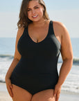 Black Solid Color U Neck Padded Plus Size One Piece Swimsuit - Toi ‘n’ Moi Ltd