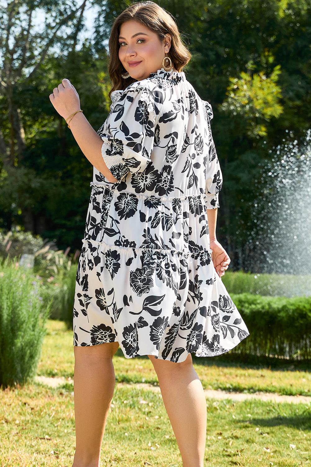 Black Floral Print Tiered Frilled Half Sleeve Plus Size Mini Dress - Toi ‘n’ Moi Ltd