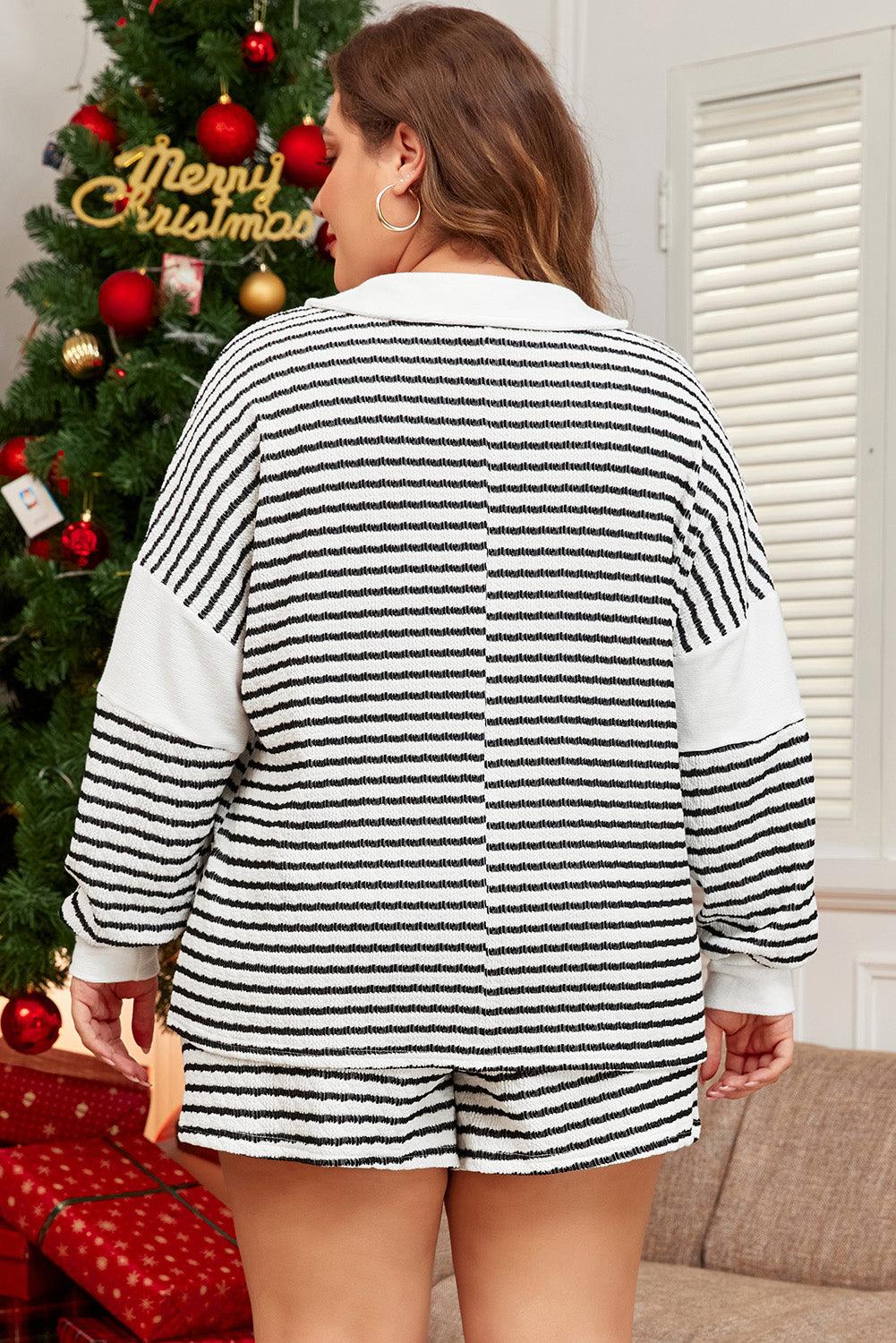 Black Stripe Collared V Neck Long Sleeve Top Plus Shorts Set - Toi ‘n’ Moi Ltd
