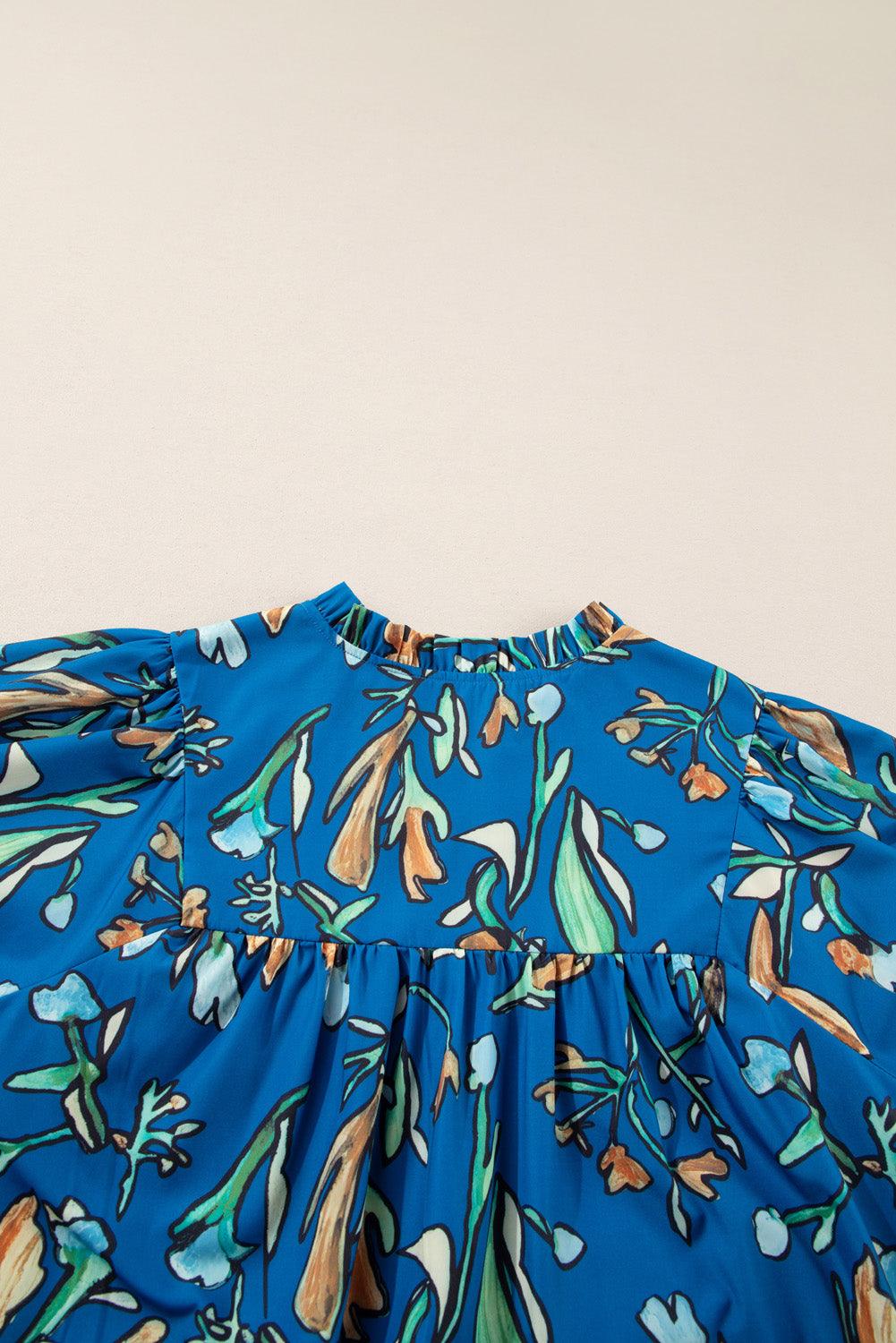Blue Floral Notched V Neck Half Sleeve Plus Size Blouse - Toi ‘n’ Moi Ltd