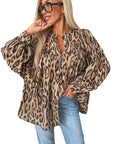 Light French Beige Oversized Leopard Print Balloon Sleeve Casual Shirt