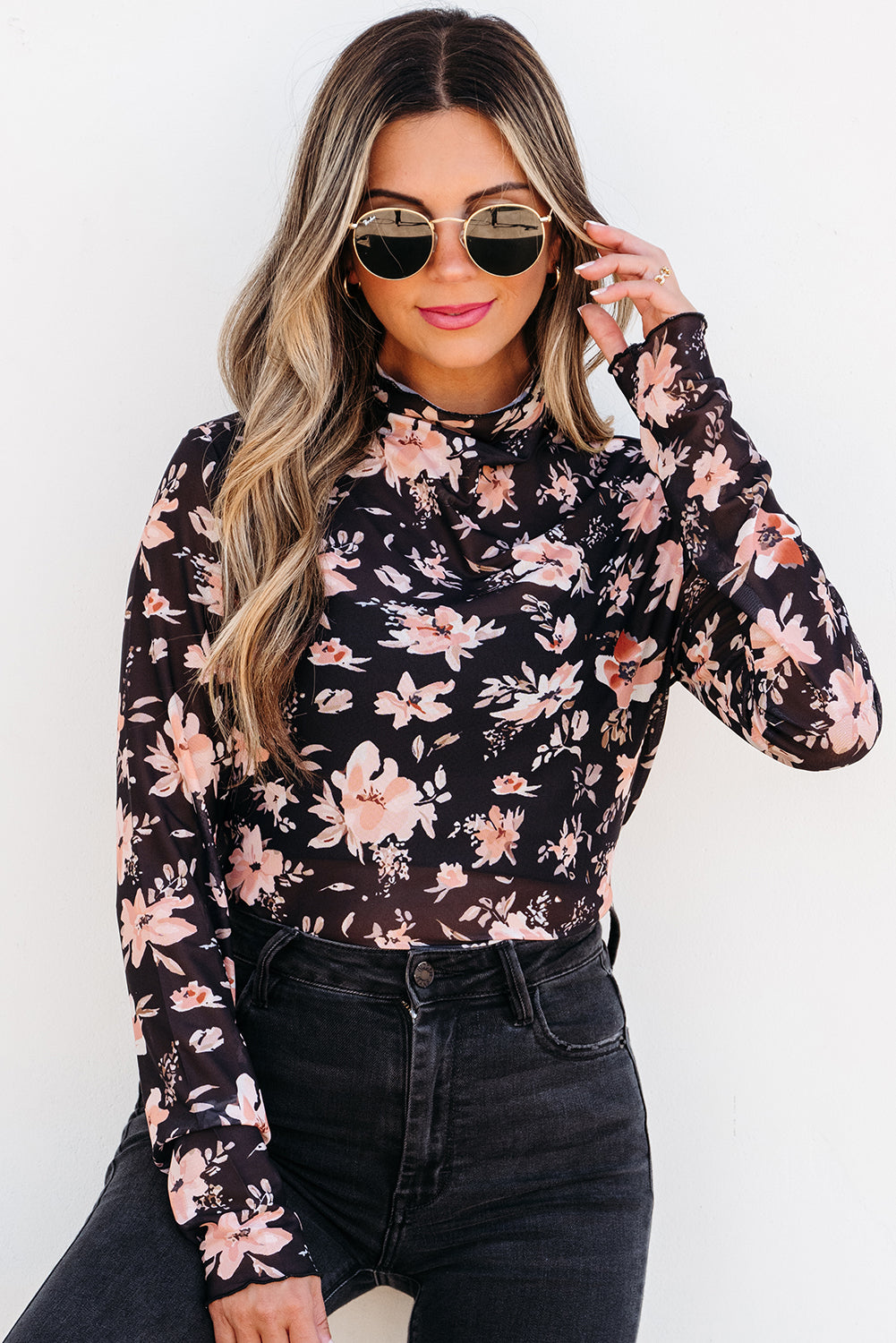 Black Floral Mesh Mock Neck Long Sleeve Slim Fit Top - Toi ‘n’ Moi Ltd