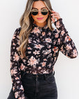 Black Floral Mesh Mock Neck Long Sleeve Slim Fit Top - Toi ‘n’ Moi Ltd