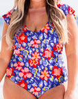 Blue Floral Print Ruffled V Neck High Waist One Piece Swimwear - Toi ‘n’ Moi Ltd