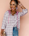 Veste-chemise ample à capuche boutonnée à imprimé à carreaux roses