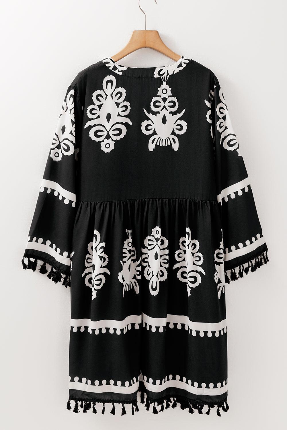 Black Plus Size Western Floral Print Fringed V Neck Dress - Toi ‘n’ Moi Ltd