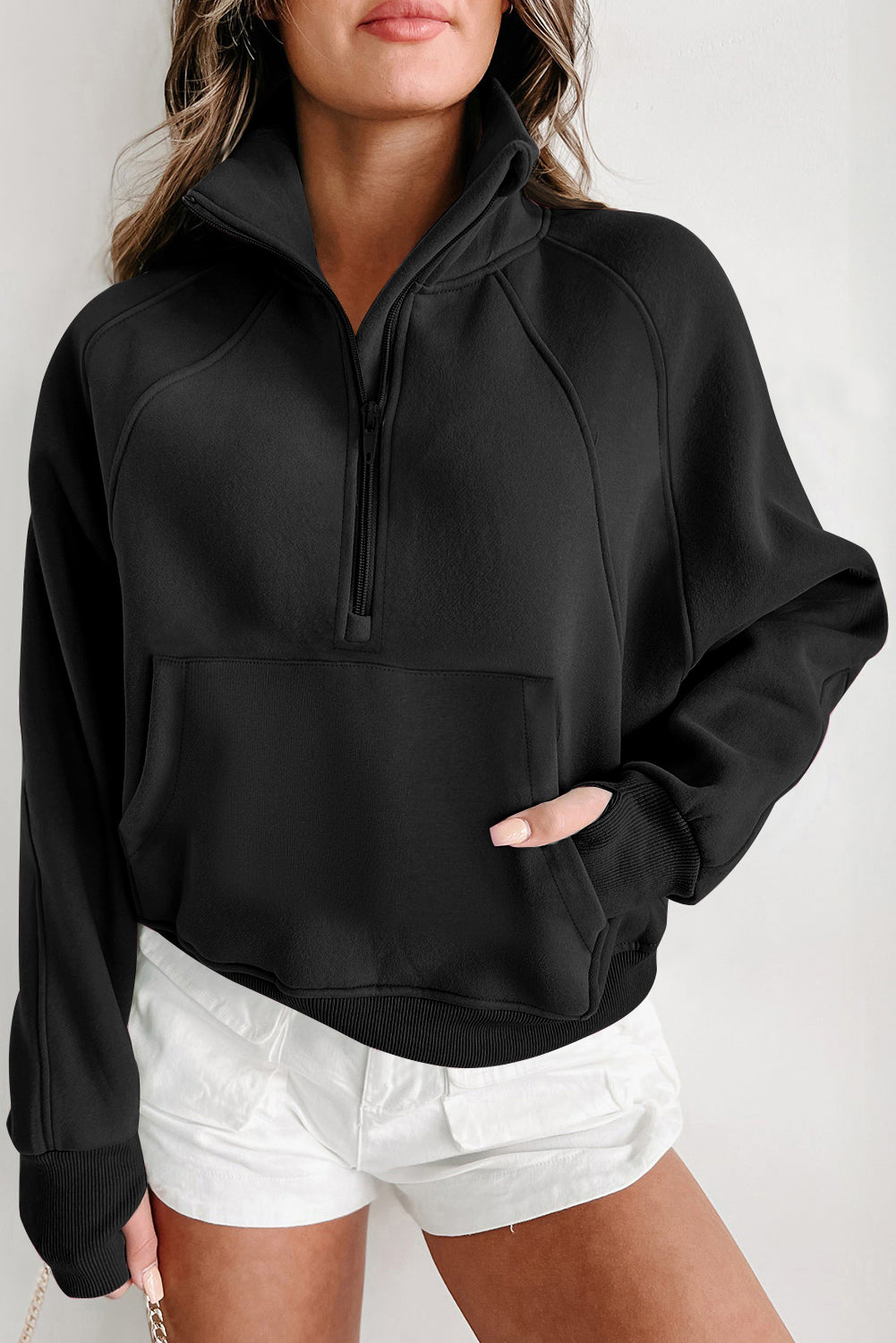 Black Fleece Lined Zip Up Stand Collar Thumbhole Sleeve Sweatshirt - Toi ‘n’ Moi Ltd