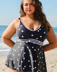 Black Polka Dot Trim V Neck Plus Size Swim Dress - Toi ‘n’ Moi Ltd