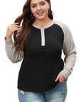 Black Color Contrast Waffle Knit Buttoned Plus Size Top - Toi ‘n’ Moi Ltd