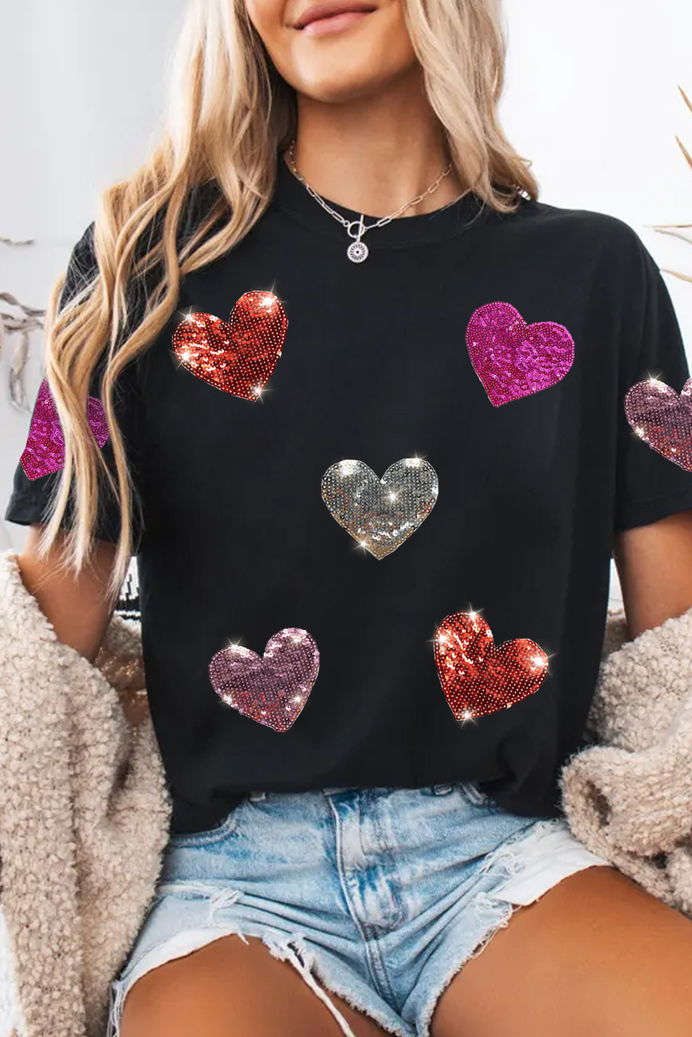 Black Sequin Heart Patched Pattern Crewneck Valentines Tee - Toi ‘n’ Moi Ltd