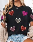 Black Sequin Heart Patched Pattern Crewneck Valentines Tee - Toi ‘n’ Moi Ltd