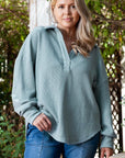 Beau Blue Textured Turn-down V Neck Drop Shoulder Plus Size Top - Toi ‘n’ Moi Ltd