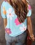 T-shirt à manches bouffantes et imprimé fleuri bleu ciel