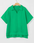 Bright Green Short Sleeve Turn-Down Collar Plus Size Blouse - Toi ‘n’ Moi Ltd