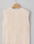 White Solid Textured Knit Side Pockets Buttoned Sweater Vest