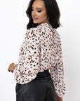 White Leopard Print Lantern Sleeve Mock Neck Pleated Blouse