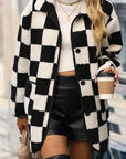 Black Checkered Side Pockets Collared Buttoned Fleece Jacket - Toi ‘n’ Moi Ltd