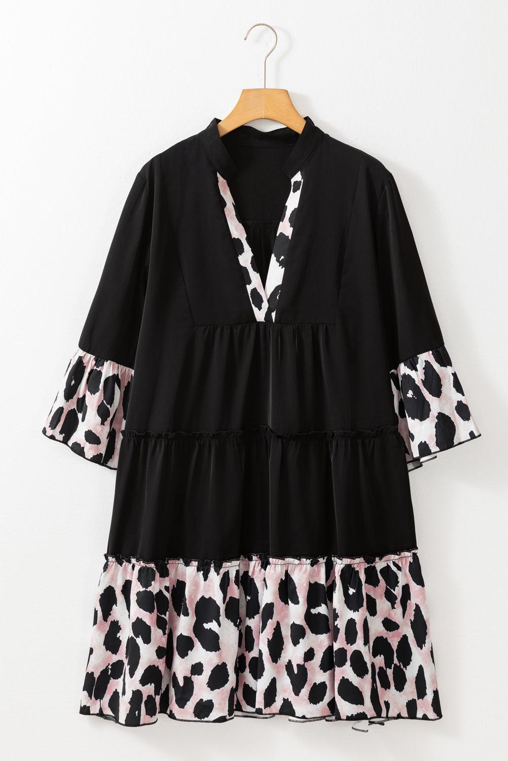 Black Leopard Patchwork Split Neck Ruffle Curvy Dress - Toi ‘n’ Moi Ltd
