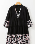 Black Leopard Patchwork Split Neck Ruffle Curvy Dress - Toi ‘n’ Moi Ltd