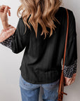 Black Floral Patchwork Textured Knit Drawstring V Neck Blouse - Toi ‘n’ Moi Ltd